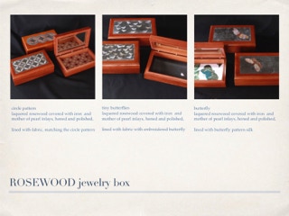 Rosewood collection using liquid metal, natural inlays, silk and hadicrafted methods of Christiane Campioni